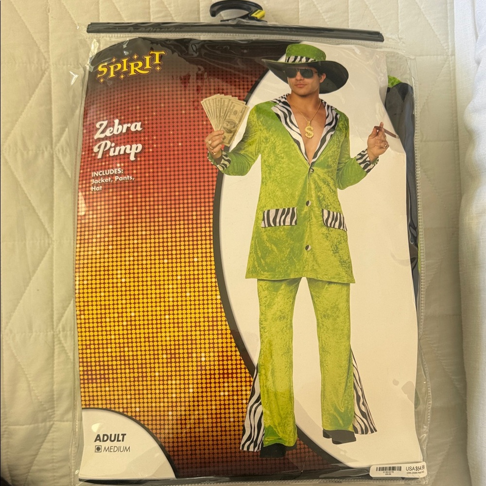NWT Spirit Halloween Zebra Pimp Costume - Lime & Black - Adult Medium